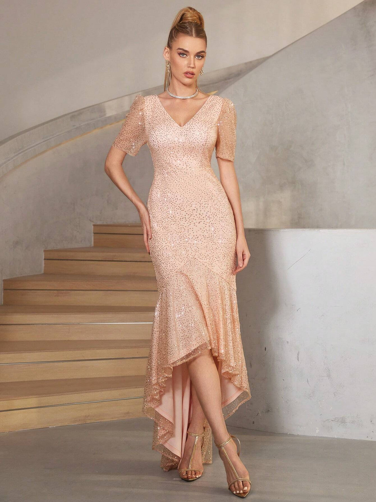 Elegant Irregular Hem Beaded Women's Evening Dress (Heavy Duty Style)