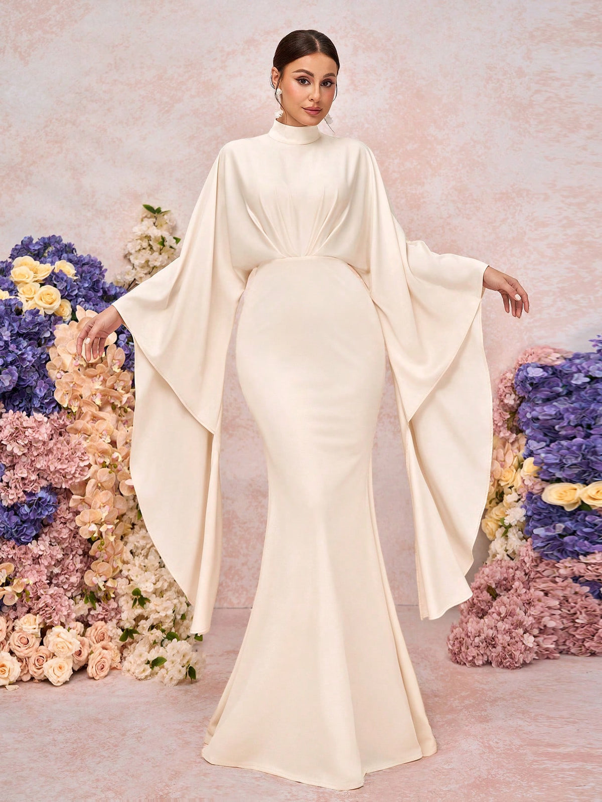Elegant Khaki Stand Collar Pleated Asymmetric Extra Long Sleeve Fitted Mermaid Bridesmaid Dress