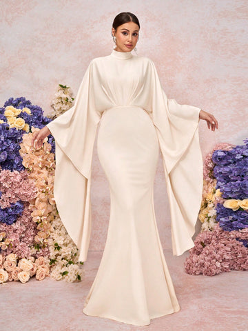 Elegant Khaki Stand Collar Pleated Asymmetric Extra Long Sleeve Fitted Mermaid Bridesmaid Dress