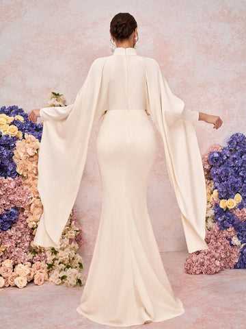 Elegant Khaki Stand Collar Pleated Asymmetric Extra Long Sleeve Fitted Mermaid Bridesmaid Dress