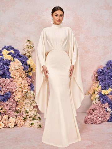 Elegant Khaki Stand Collar Pleated Asymmetric Extra Long Sleeve Fitted Mermaid Bridesmaid Dress