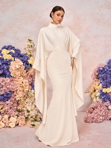 Elegant Khaki Stand Collar Pleated Asymmetric Extra Long Sleeve Fitted Mermaid Bridesmaid Dress