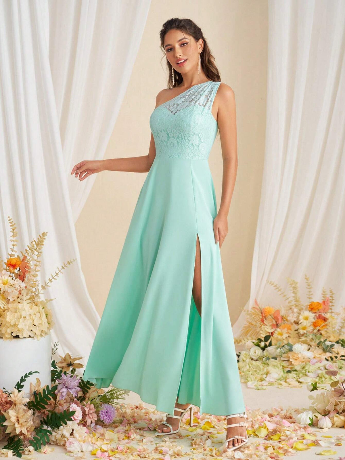 Elegant Lace Splice Dress With Slit, Simple One-Shoulder Bridesmaid Dress