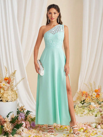 Elegant Lace Splice Dress With Slit, Simple One-Shoulder Bridesmaid Dress