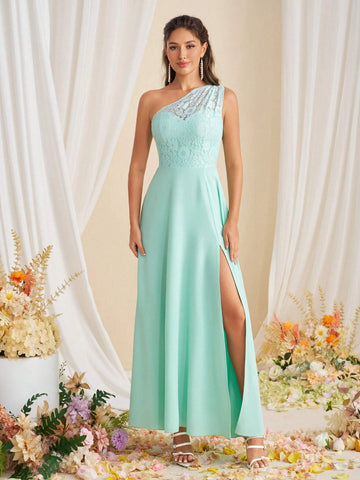 Elegant Lace Splice Dress With Slit, Simple One-Shoulder Bridesmaid Dress