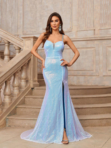 Elegant Light Blue Laser Gradient Color  Suspender Belt Beaded Embroidery Fish Tail  Valentine's Day Ramadan Dinner And Dance For Women Evening Dress