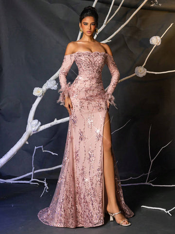 Elegant Light Pink Sequins Embroidered Off-Shoulder Long Sleeve Cuff Feather Patchwork Sheer Fishnet Boned Bodice Side High Slit Fishtail Formal Evening Gown (Cuff Feather: Turkey Feather)