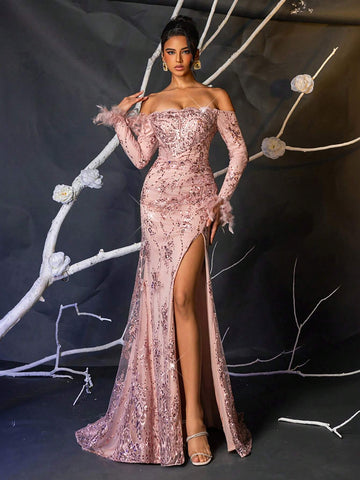 Elegant Light Pink Sequins Embroidered Off-Shoulder Long Sleeve Cuff Feather Patchwork Sheer Fishnet Boned Bodice Side High Slit Fishtail Formal Evening Gown (Cuff Feather: Turkey Feather)
