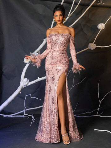 Elegant Light Pink Sequins Embroidered Off-Shoulder Long Sleeve Cuff Feather Patchwork Sheer Fishnet Boned Bodice Side High Slit Fishtail Formal Evening Gown (Cuff Feather: Turkey Feather)