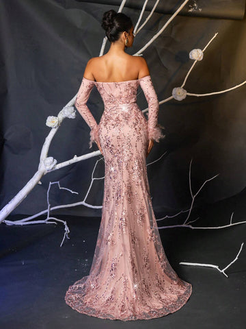 Elegant Light Pink Sequins Embroidered Off-Shoulder Long Sleeve Cuff Feather Patchwork Sheer Fishnet Boned Bodice Side High Slit Fishtail Formal Evening Gown (Cuff Feather: Turkey Feather)