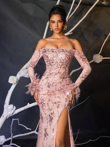 Elegant Light Pink Sequins Embroidered Off-Shoulder Long Sleeve Cuff Feather Patchwork Sheer Fishnet Boned Bodice Side High Slit Fishtail Formal Evening Gown (Cuff Feather: Turkey Feather)