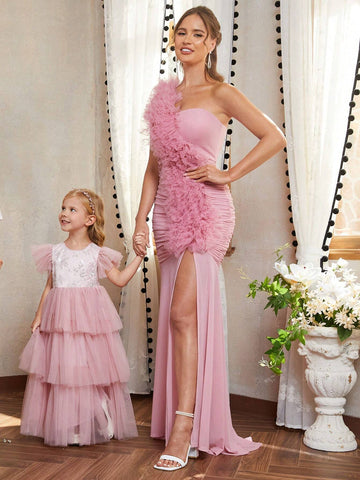 Elegant Lighting, Atmospheric Lotus Root Pink One-Shoulder Three-Dimensional  Graduation Ceremony, Wedding Event, Parent-Child Wear, Heavy Industry Dinner Ball Dress