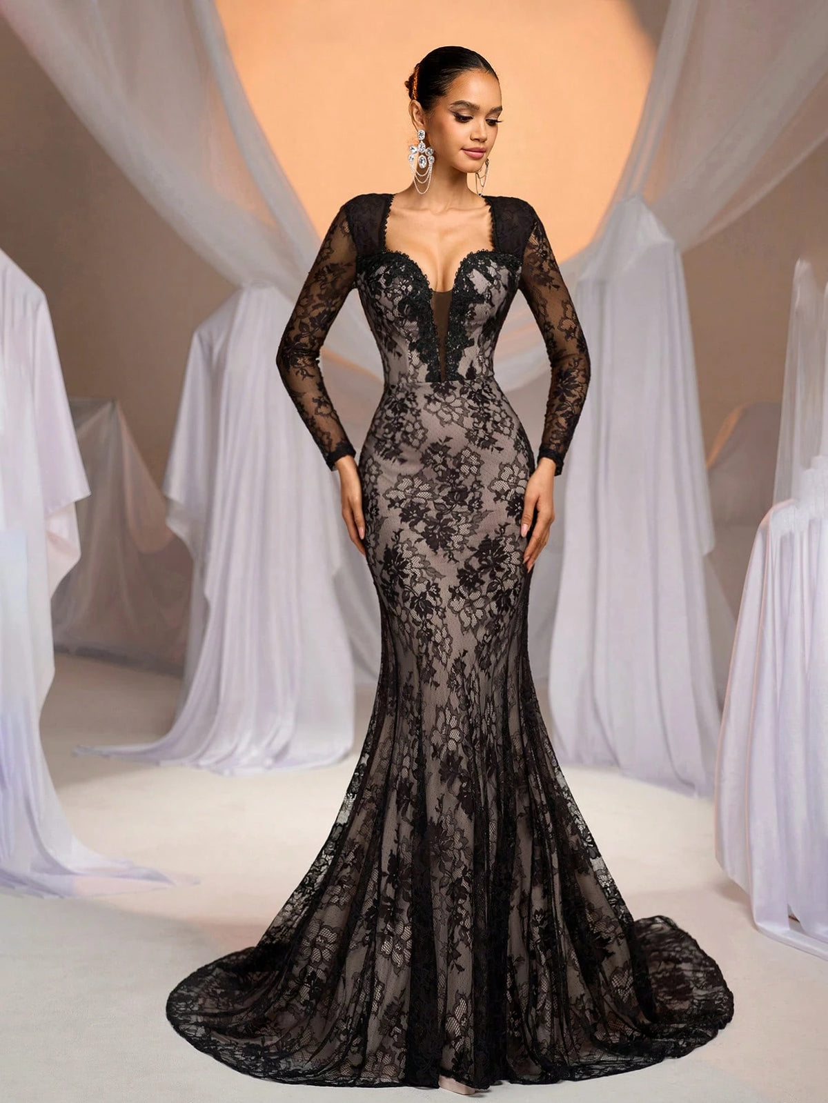 Elegant Luxe White & Champagne Color Block Sheer Long Sleeve V-Neck Flared Stretch Lace Sexy Backless Mermaid Hem Silhouette Formal Gown For Wedding, Party, Holiday, Graduation