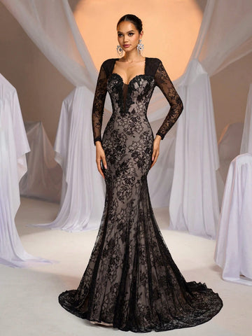 Elegant Luxe White & Champagne Color Block Sheer Long Sleeve V-Neck Flared Stretch Lace Sexy Backless Mermaid Hem Silhouette Formal Gown For Wedding, Party, Holiday, Graduation