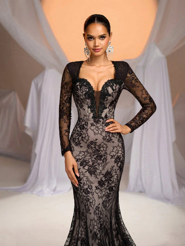 Elegant Luxe White & Champagne Color Block Sheer Long Sleeve V-Neck Flared Stretch Lace Sexy Backless Mermaid Hem Silhouette Formal Gown For Wedding, Party, Holiday, Graduation
