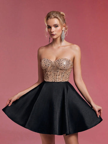 Elegant Luxurious Adorable Champagne Patchwork Black Bustier Padded Boned Bodice Embellished With Pearls & Sequins Flared Layered Short Fancy Party Skirt, Suitable For Graduation Ceremony, Holiday, Party, Prom
