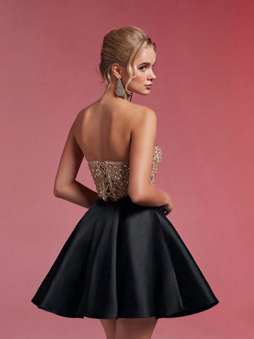Elegant Luxurious Adorable Champagne Patchwork Black Bustier Padded Boned Bodice Embellished With Pearls & Sequins Flared Layered Short Fancy Party Skirt, Suitable For Graduation Ceremony, Holiday, Party, Prom