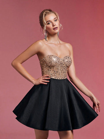 Elegant Luxurious Adorable Champagne Patchwork Black Bustier Padded Boned Bodice Embellished With Pearls & Sequins Flared Layered Short Fancy Party Skirt, Suitable For Graduation Ceremony, Holiday, Party, Prom
