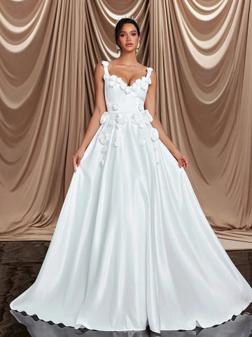 Elegant Luxurious Beige Satin 3D Floral Designed Large A-Line With Train Suitable For Weddings, Parties, Proms, Holidays, Ballroom