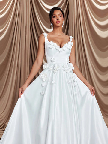 Elegant Luxurious Beige Satin 3D Floral Designed Large A-Line With Train Suitable For Weddings, Parties, Proms, Holidays, Ballroom