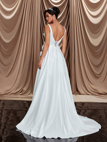 Elegant Luxurious Beige Satin 3D Floral Designed Large A-Line With Train Suitable For Weddings, Parties, Proms, Holidays, Ballroom