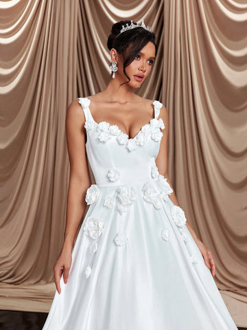 Elegant Luxurious Beige Satin 3D Floral Designed Large A-Line With Train Suitable For Weddings, Parties, Proms, Holidays, Ballroom