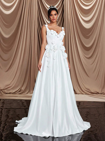 Elegant Luxurious Beige Satin 3D Floral Designed Large A-Line With Train Suitable For Weddings, Parties, Proms, Holidays, Ballroom