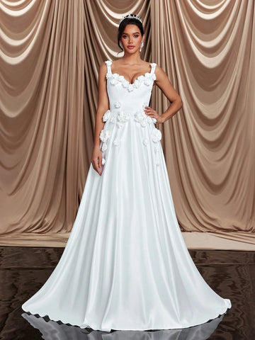 Elegant Luxurious Beige Satin 3D Floral Designed Large A-Line With Train Suitable For Weddings, Parties, Proms, Holidays, Ballroom