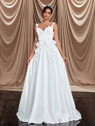 Elegant Luxurious Beige Satin 3D Floral Designed Large A-Line With Train Suitable For Weddings, Parties, Proms, Holidays, Ballroom