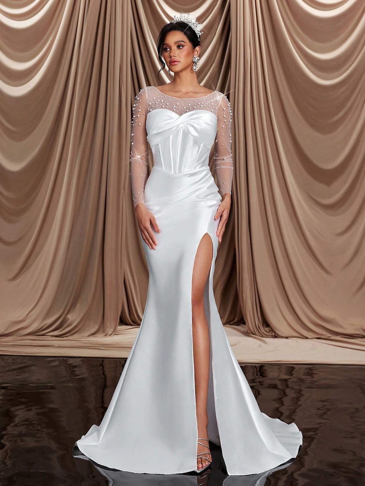 Elegant Luxurious Beige Satin Contrast Mesh Ruffle Faux Pearl See-Through Long Sleeve Ruched Slit Fish Tail Dress With Train, Sexy Backless, Suitable For Wedding, Celebration, Singles Party, Vacation, Ball, Bridal