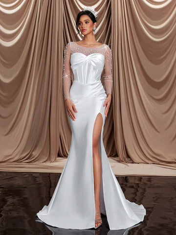 Elegant Luxurious Beige Satin Contrast Mesh Ruffle Faux Pearl See-Through Long Sleeve Ruched Slit Fish Tail Dress With Train, Sexy Backless, Suitable For Wedding, Celebration, Singles Party, Vacation, Ball, Bridal