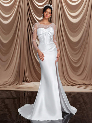 Elegant Luxurious Beige Satin Contrast Mesh Ruffle Faux Pearl See-Through Long Sleeve Ruched Slit Fish Tail Dress With Train, Sexy Backless, Suitable For Wedding, Celebration, Singles Party, Vacation, Ball, Bridal