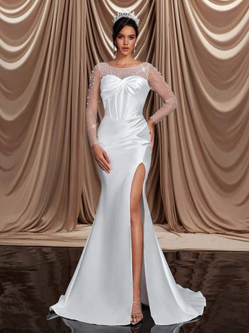 Elegant Luxurious Beige Satin Contrast Mesh Ruffle Faux Pearl See-Through Long Sleeve Ruched Slit Fish Tail Dress With Train, Sexy Backless, Suitable For Wedding, Celebration, Singles Party, Vacation, Ball, Bridal