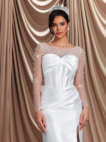 Elegant Luxurious Beige Satin Contrast Mesh Ruffle Faux Pearl See-Through Long Sleeve Ruched Slit Fish Tail Dress With Train, Sexy Backless, Suitable For Wedding, Celebration, Singles Party, Vacation, Ball, Bridal