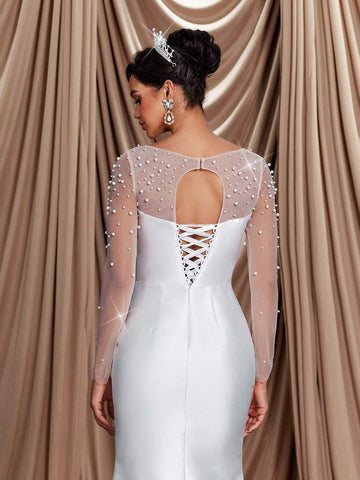 Elegant Luxurious Beige Satin Contrast Mesh Ruffle Faux Pearl See-Through Long Sleeve Ruched Slit Fish Tail Dress With Train, Sexy Backless, Suitable For Wedding, Celebration, Singles Party, Vacation, Ball, Bridal