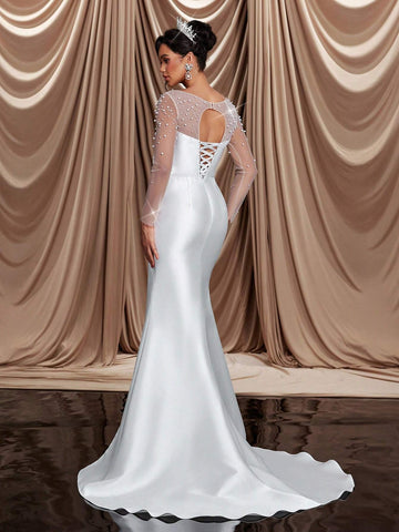 Elegant Luxurious Beige Satin Contrast Mesh Ruffle Faux Pearl See-Through Long Sleeve Ruched Slit Fish Tail Dress With Train, Sexy Backless, Suitable For Wedding, Celebration, Singles Party, Vacation, Ball, Bridal