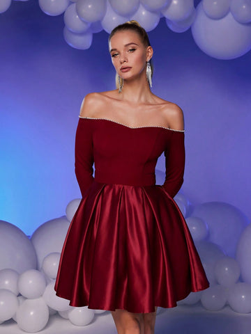 Elegant Luxurious Burgundy Off-Shoulder Gown With Embellished Pearl Neckline, Knitted Bodice & Satin Flared Dress, Suitable For Weddings, Parties, Graduation, Prom