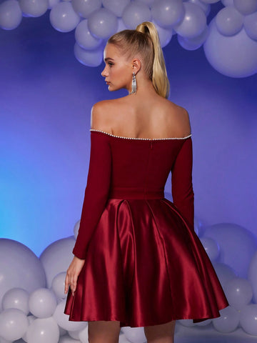 Elegant Luxurious Burgundy Off-Shoulder Gown With Embellished Pearl Neckline, Knitted Bodice & Satin Flared Dress, Suitable For Weddings, Parties, Graduation, Prom