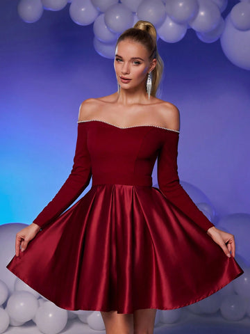 Elegant Luxurious Burgundy Off-Shoulder Gown With Embellished Pearl Neckline, Knitted Bodice & Satin Flared Dress, Suitable For Weddings, Parties, Graduation, Prom