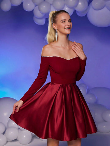 Elegant Luxurious Burgundy Off-Shoulder Gown With Embellished Pearl Neckline, Knitted Bodice & Satin Flared Dress, Suitable For Weddings, Parties, Graduation, Prom