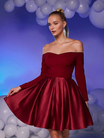 Elegant Luxurious Burgundy Off-Shoulder Gown With Embellished Pearl Neckline, Knitted Bodice & Satin Flared Dress, Suitable For Weddings, Parties, Graduation, Prom