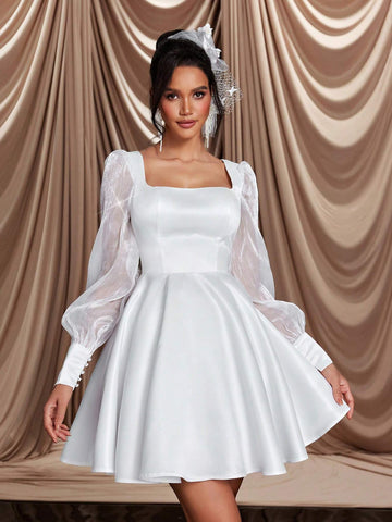 Elegant Luxurious Champagne Color Sheer Long Sleeve Buttoned Satin Patchwork Rhinestone Organza Sexy Backless Flare Maxi Dress, Suitable For Weddings, Parties, Holidays, Dances, Bridal Shower