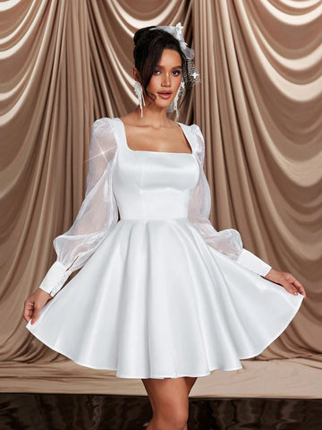 Elegant Luxurious Champagne Color Sheer Long Sleeve Buttoned Satin Patchwork Rhinestone Organza Sexy Backless Flare Maxi Dress, Suitable For Weddings, Parties, Holidays, Dances, Bridal Shower