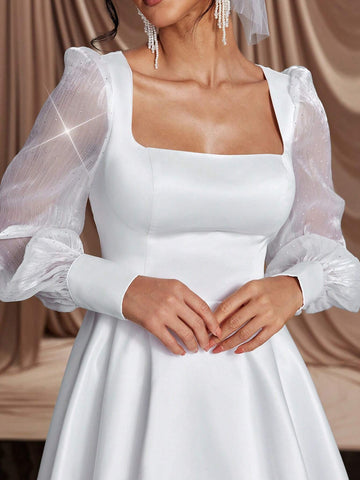 Elegant Luxurious Champagne Color Sheer Long Sleeve Buttoned Satin Patchwork Rhinestone Organza Sexy Backless Flare Maxi Dress, Suitable For Weddings, Parties, Holidays, Dances, Bridal Shower