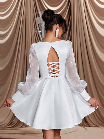 Elegant Luxurious Champagne Color Sheer Long Sleeve Buttoned Satin Patchwork Rhinestone Organza Sexy Backless Flare Maxi Dress, Suitable For Weddings, Parties, Holidays, Dances, Bridal Shower