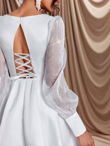 Elegant Luxurious Champagne Color Sheer Long Sleeve Buttoned Satin Patchwork Rhinestone Organza Sexy Backless Flare Maxi Dress, Suitable For Weddings, Parties, Holidays, Dances, Bridal Shower