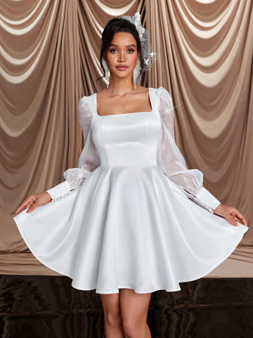 Elegant Luxurious Champagne Color Sheer Long Sleeve Buttoned Satin Patchwork Rhinestone Organza Sexy Backless Flare Maxi Dress, Suitable For Weddings, Parties, Holidays, Dances, Bridal Shower