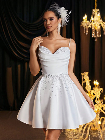 Elegant Luxurious Champagne Color Shoulder Strap Neck Pearl Beaded Design Satin Flare Skirt, Suitable For Wedding Events, Singles Party, Vacation, Ball, Bridal Gift Dress