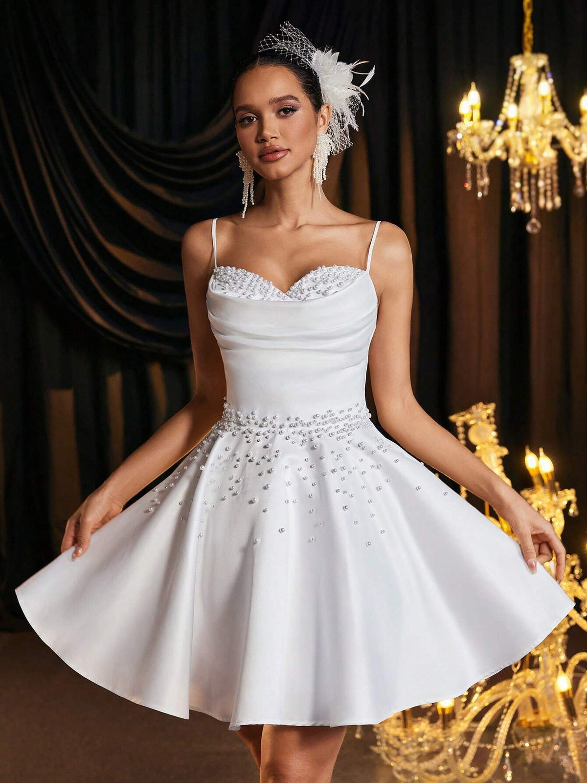 Elegant Luxurious Champagne Color Shoulder Strap Neck Pearl Beaded Design Satin Flare Skirt, Suitable For Wedding Events, Singles Party, Vacation, Ball, Bridal Gift Dress