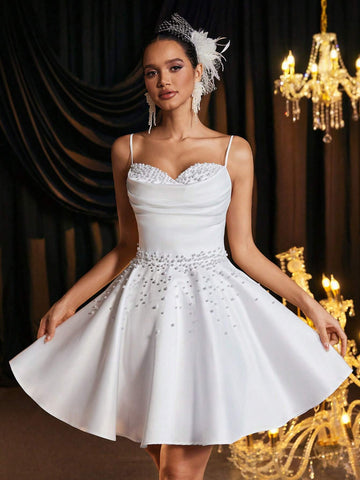 Elegant Luxurious Champagne Color Shoulder Strap Neck Pearl Beaded Design Satin Flare Skirt, Suitable For Wedding Events, Singles Party, Vacation, Ball, Bridal Gift Dress